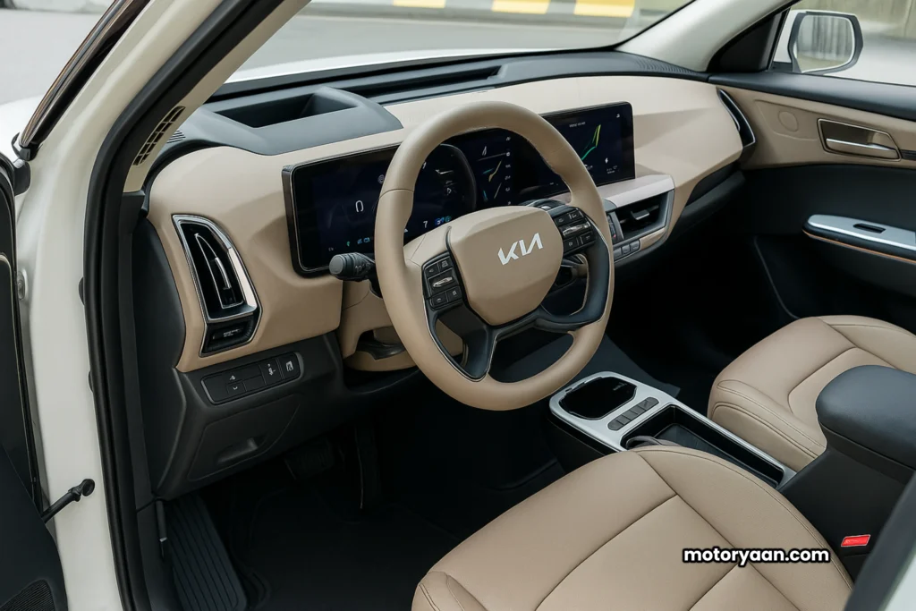 Kia EV5 Review – complete front interior with steering wheel, infotainment, AC vents and front dash