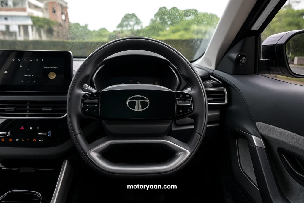 Tata Harrier Pure X variant infotainment system instrument cluster steering and AC controls