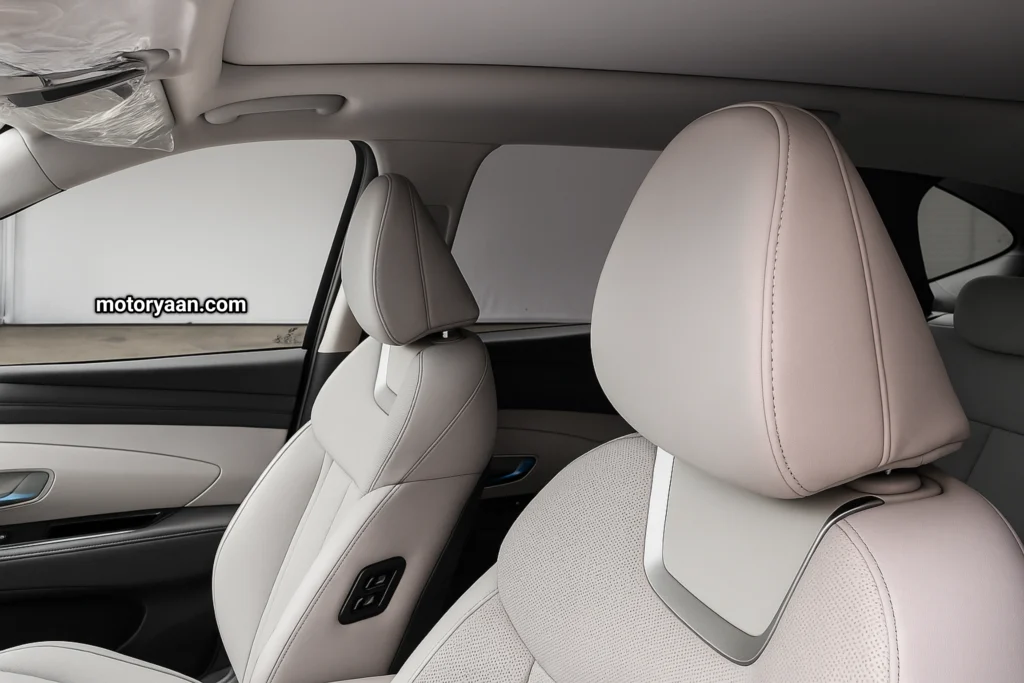 Front seats of 2026 Hyundai Tucson showcasing premium upholstery ahead of India launch