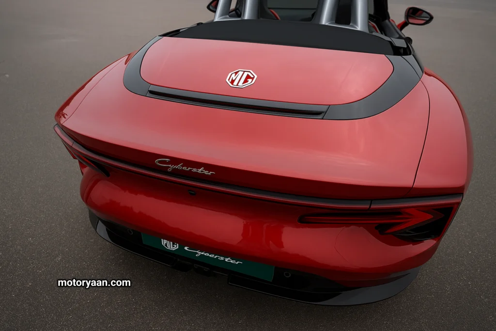MG Cyberster rear profile with tail lights and open rear hatch