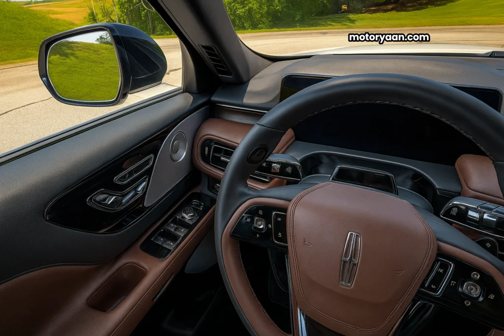2025 Lincoln Aviator steering wheel, instrument cluster, and door panel design.