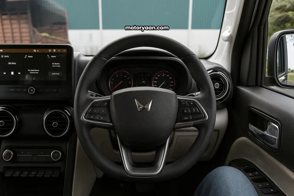 Mahindra Thar Roxx MX5 steering wheel with mounted controls, infotainment, and dashboard