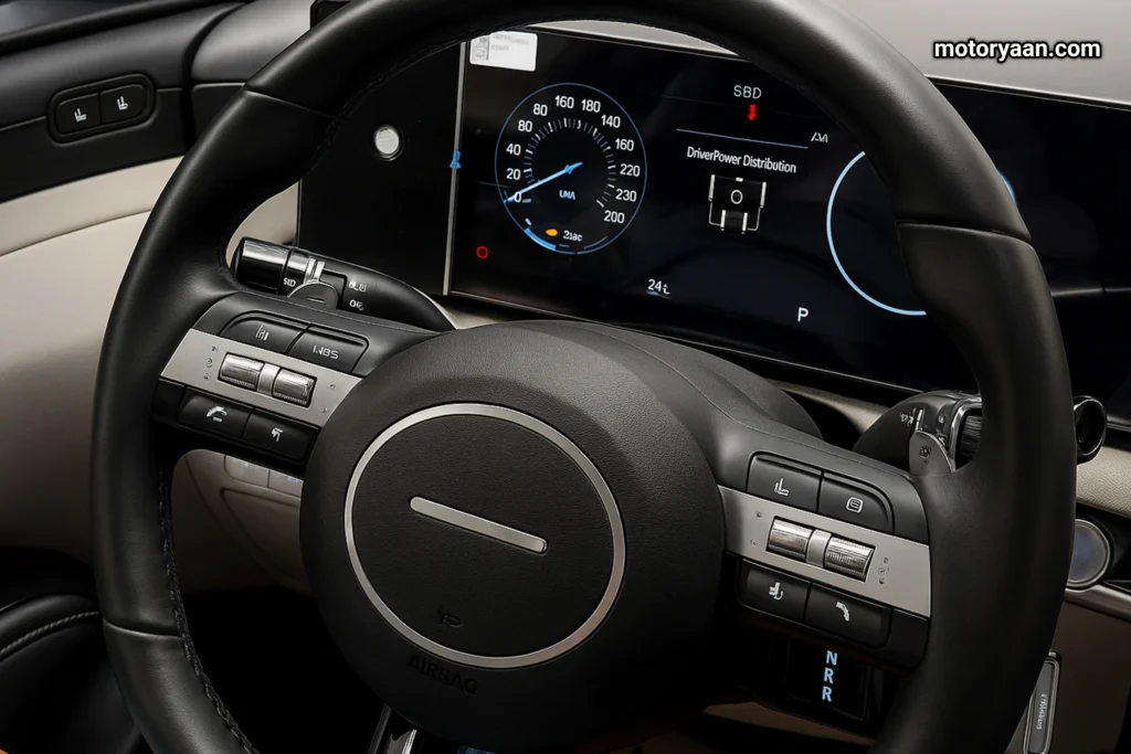 Steering wheel and mounted controls in the 2026 Hyundai Tucson India Launch interior