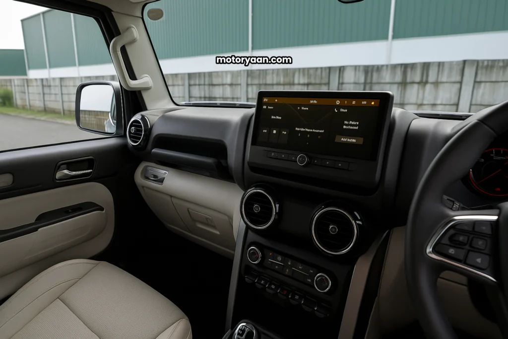 Mahindra Thar Roxx MX5 infotainment system, AC controls, vents, and dashboard design