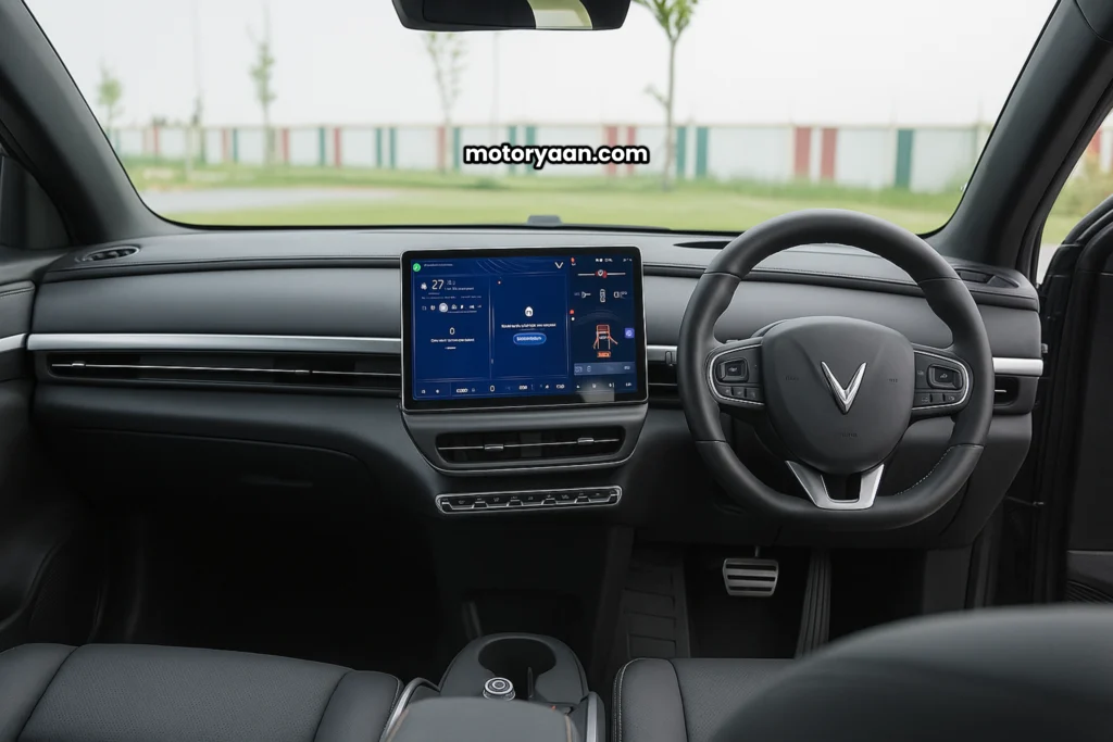 VinFast SUV interior with infotainment, dashboard, and instrument cluster
