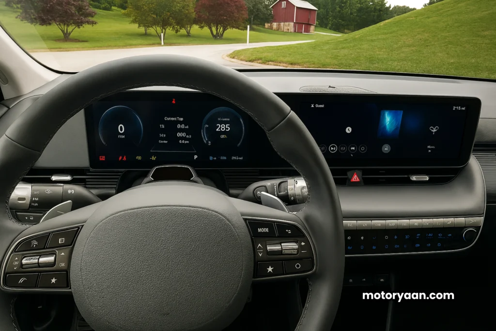 2025 Hyundai Ioniq 5 Limited front interior with infotainment screen, instrument cluster, and steering controls.