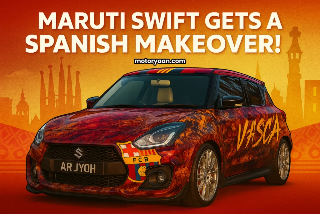 Barcelona Theme Maruti Swift front and side profile with sporty Spanish-inspired design