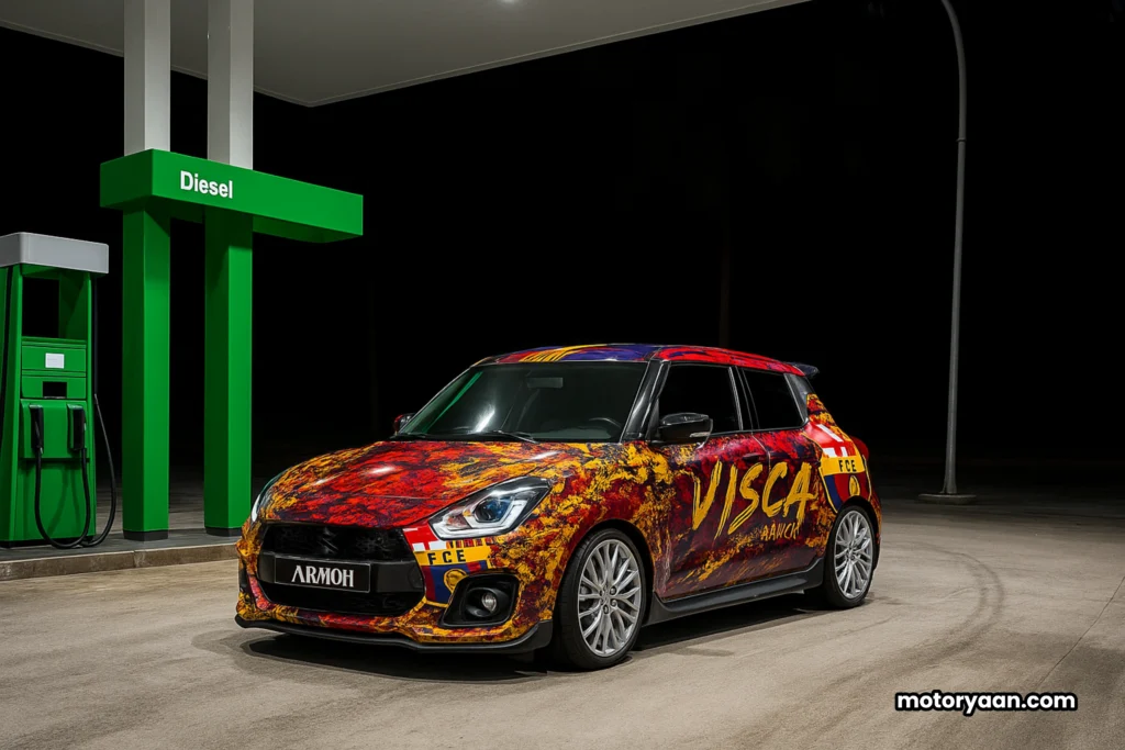 Barcelona Theme Maruti Swift showcasing vibrant front and side design