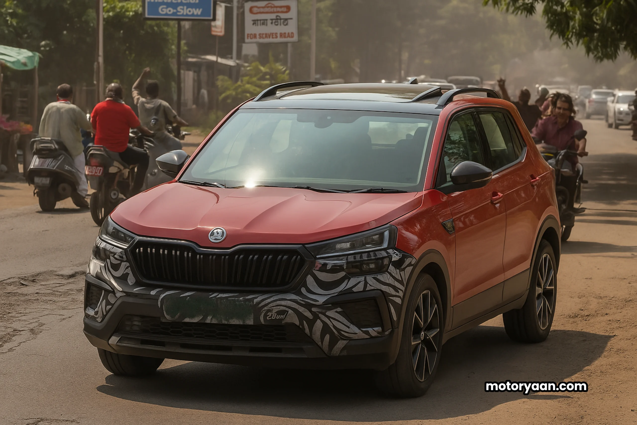 Front and side profile of the 2025 Skoda Kushaq Facelift showcasing updated design and bold styling.