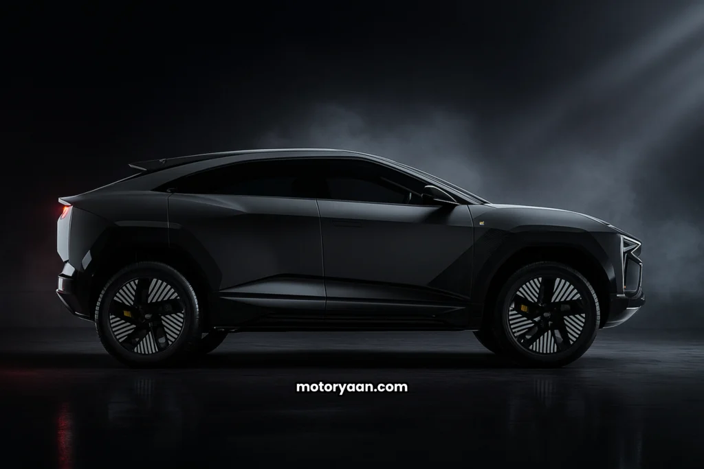 Mahindra BE 6 Batman Edition side profile with sharp body lines and blacked-out wheels.