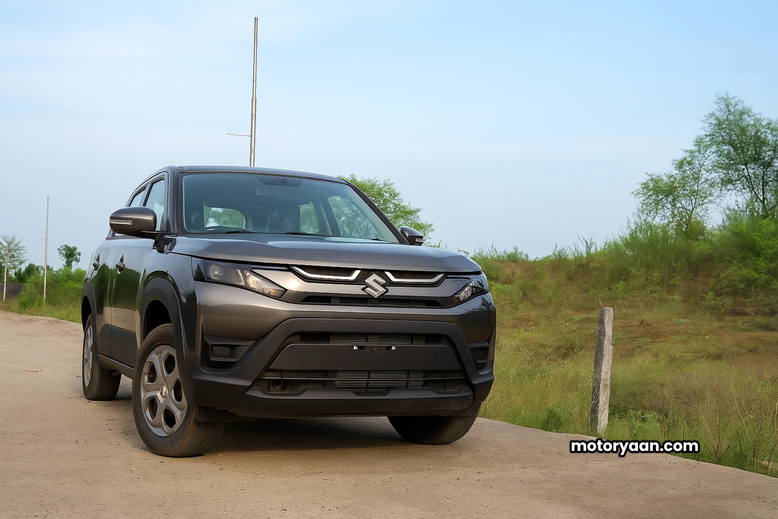 GST Benefits on 2025 Maruti Brezza VXI front profile with bold grille and SUV stance