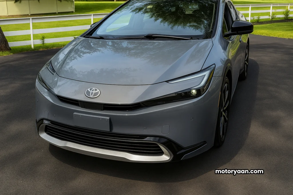 Front profile of 2025 Toyota Prius XSE Plug-In showing sleek LED headlights and bold design
