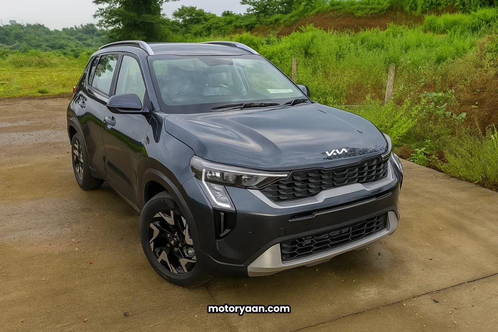 GST Benefits on 2025 Kia Sonet HTK Plus front and side profile with alloy wheels.