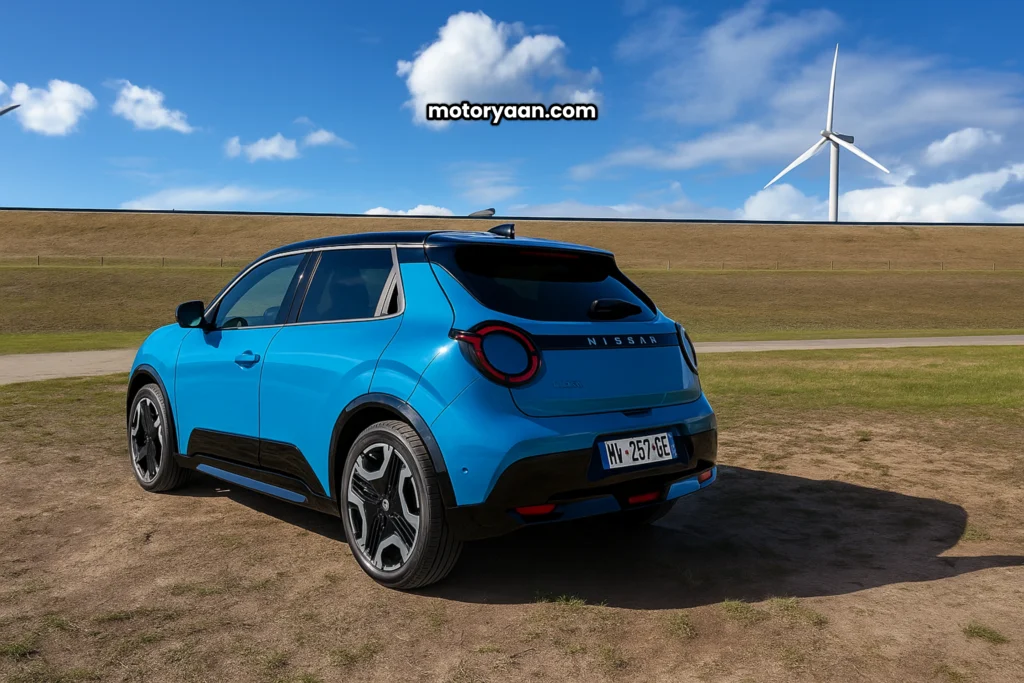The 2025 Nissan Micra EV interior front dashboard highlights premium features like a multifunction steering wheel, digital instrument cluster, touchscreen infotainment, and a clean electric-friendly cabin layout.