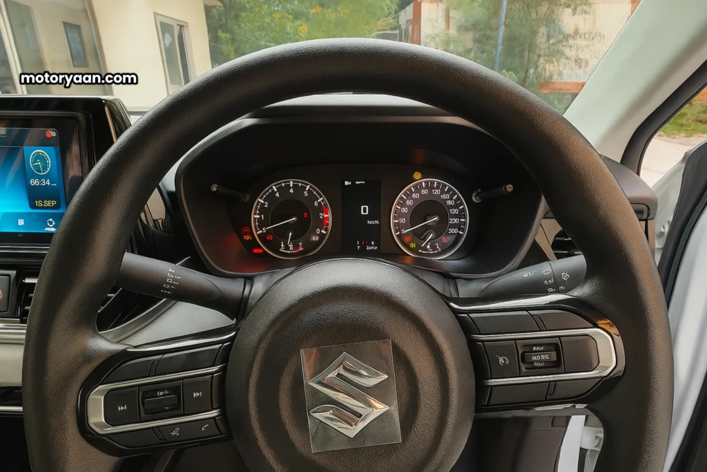 Maruti Suzuki Victoris VXI CNG Variant interior view showing instrument cluster, steering wheel, mounted controls and infotainment system