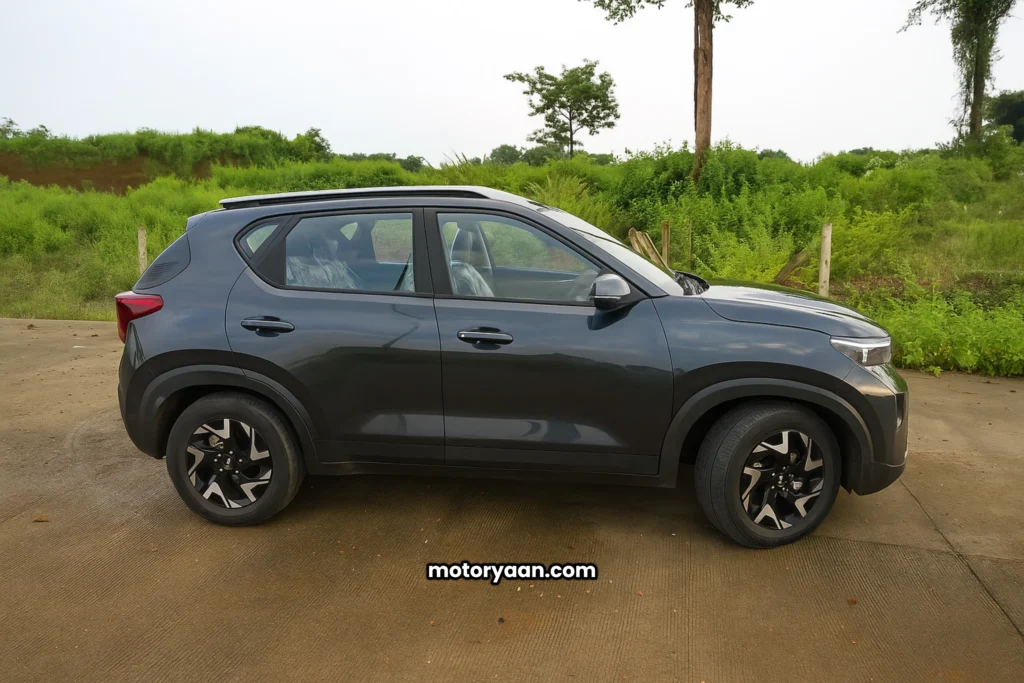 Side profile of 2025 Kia Sonet HTK Plus highlighting GST Benefits and alloy wheels.