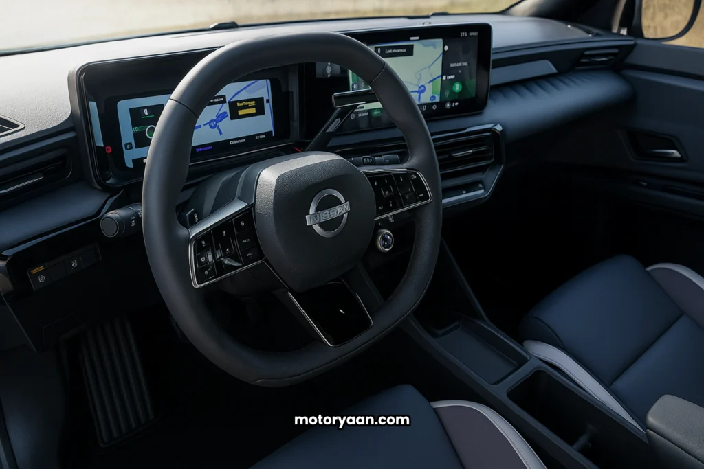 2025 Nissan Micra EV front interior with steering wheel, mounted controls, infotainment system, and digital instrument cluster.
