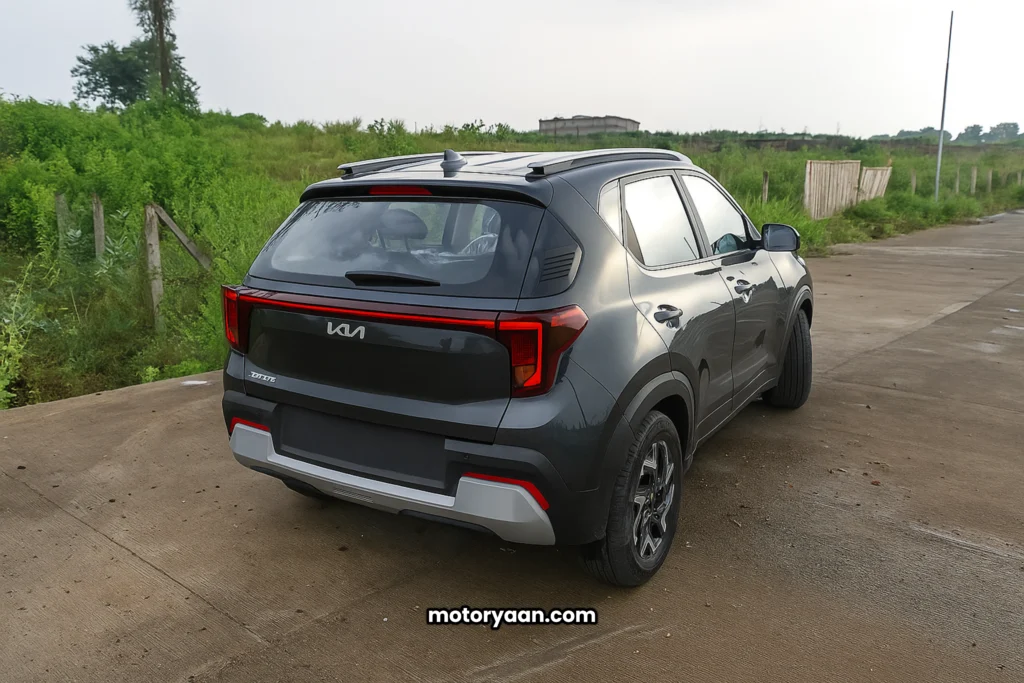 GST Benefits on 2025 Kia Sonet HTK Plus rear and side profile with LED tail lamps.