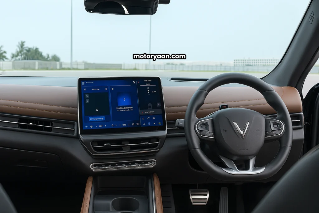 Vinfast VF 7 India Launch interior with steering wheel infotainment system AC vents dashboard