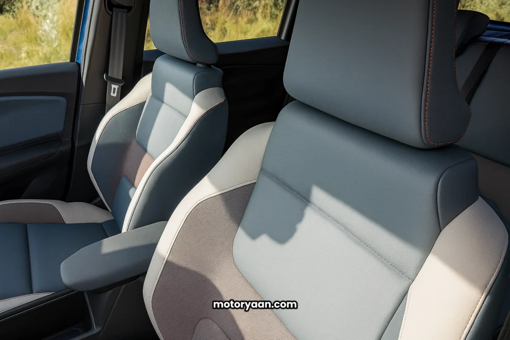 2025 Nissan Micra EV front seats with premium upholstery and modern comfort design.