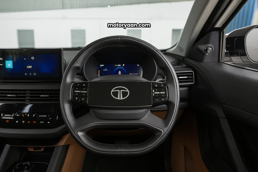 Tata Harrier EV Adventure 65 kWh steering wheel, instrument cluster, and infotainment system