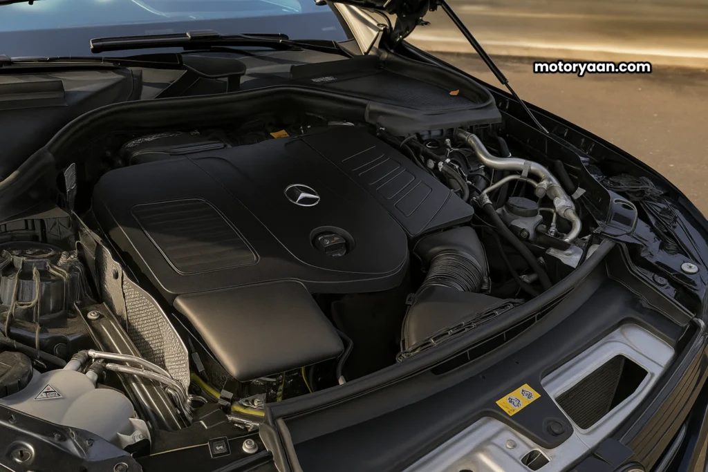 Engine bay of 2025 Mercedes-Benz GLC 350e Plug-in Hybrid with hybrid powertrain