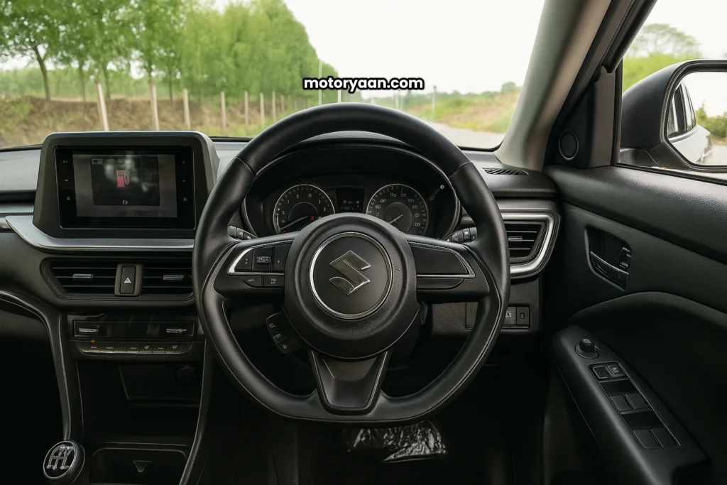 GST Benefits on 2025 Maruti Brezza VXI front interior dashboard steering infotainment cluster