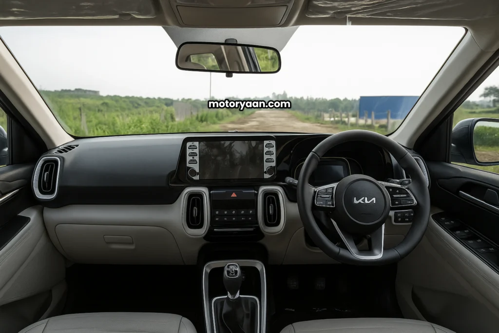 GST Benefits on 2025 Kia Sonet HTK Plus front interior with steering, infotainment, and dashboard.