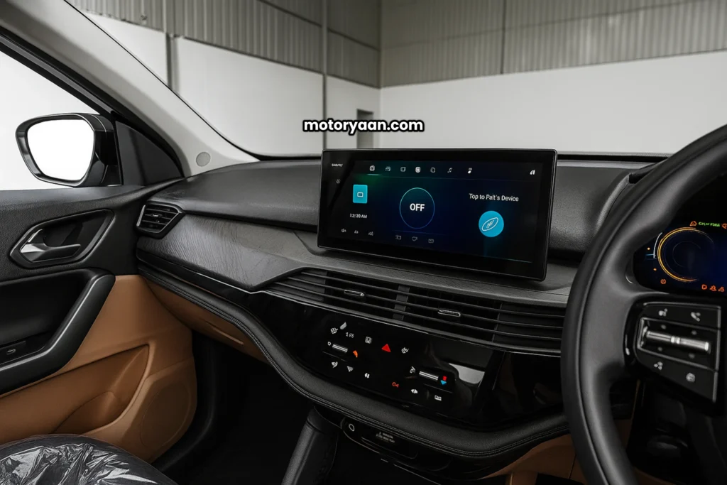 Tata Harrier EV infotainment system and front interior view