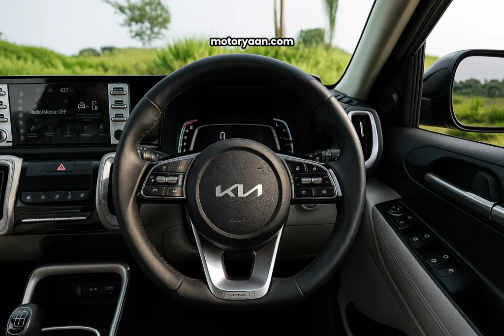 Full front cabin of 2025 Kia Sonet HTK Plus with GST Benefits, steering, infotainment, and gear knob.