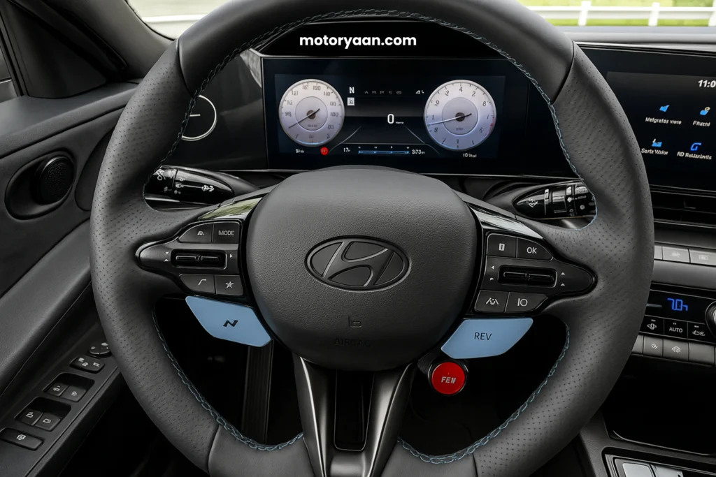 2025 Hyundai Elantra N steering wheel with mounted controls and digital cluster