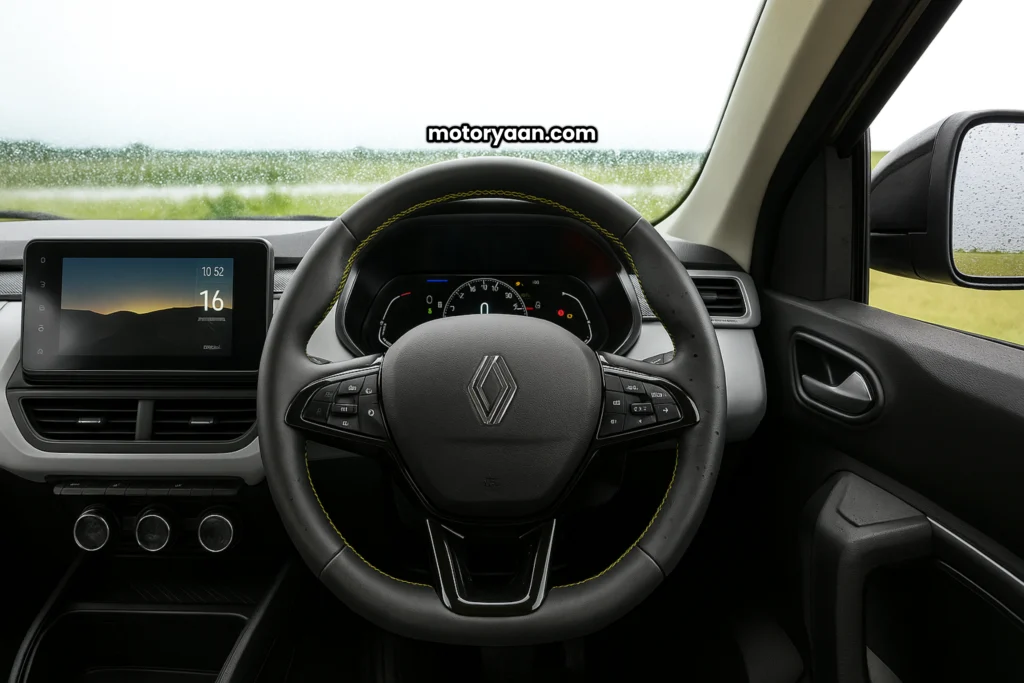 2025 Renault Kiger front interior with steering, dashboard, and infotainment system