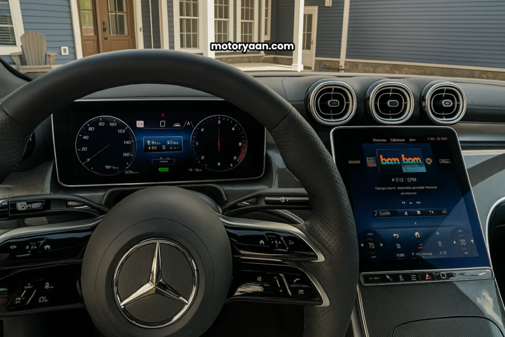 2025 Mercedes-Benz GLC 350e Plug-in Hybrid interior with steering wheel, infotainment, and instrument cluster