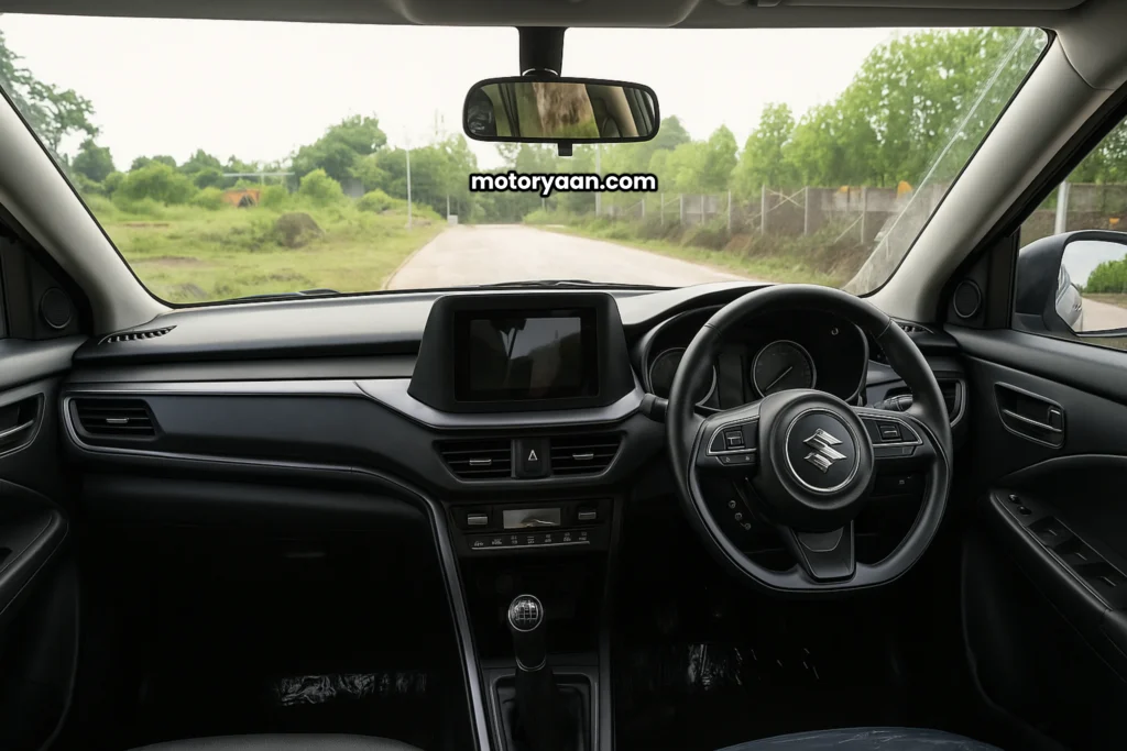 GST Benefits on 2025 Maruti Brezza VXI complete front interior view steering dashboard infotainment gear knob