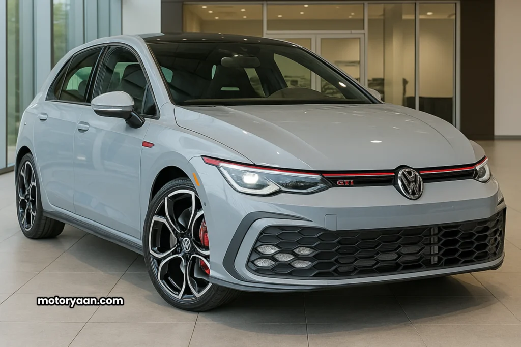 2025 Volkswagen GTI Facelift front and side profile with updated headlights and sporty design.
