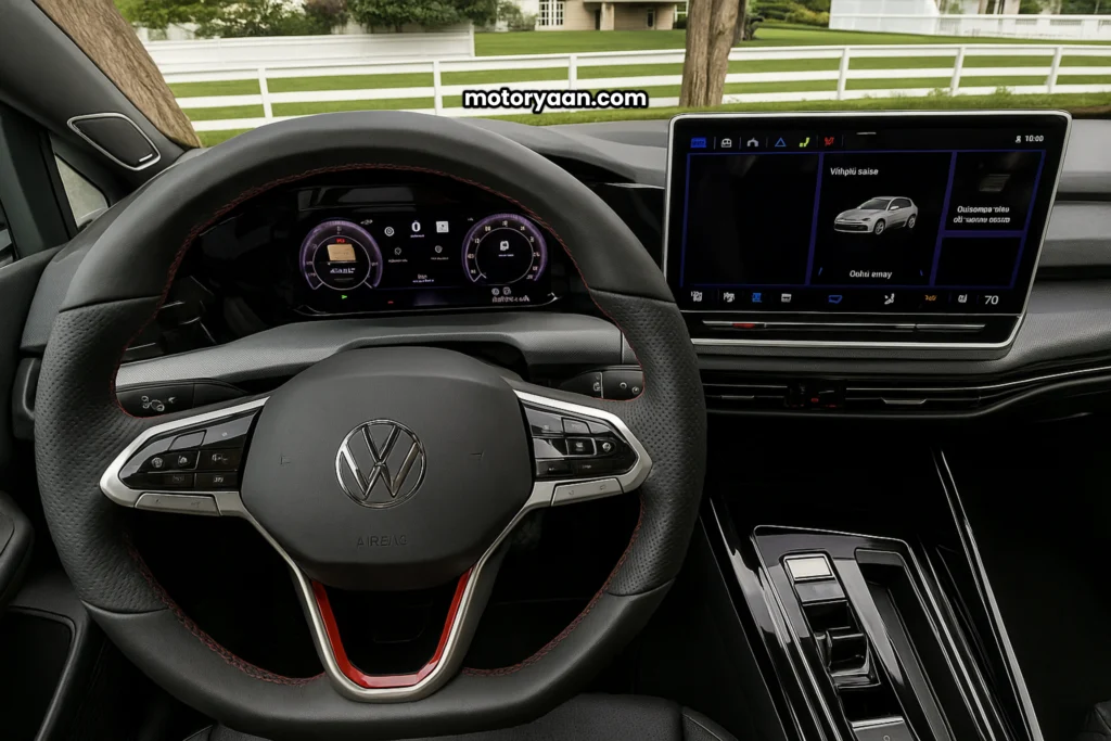 2025 Volkswagen GTI Facelift interior with steering wheel, infotainment system, and dashboard.