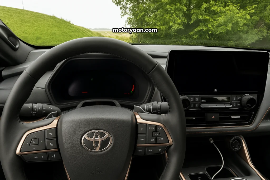 2025 Toyota Grand Highlander Hybrid Max Platinum interior with steering, controls, infotainment, and instrument cluster.