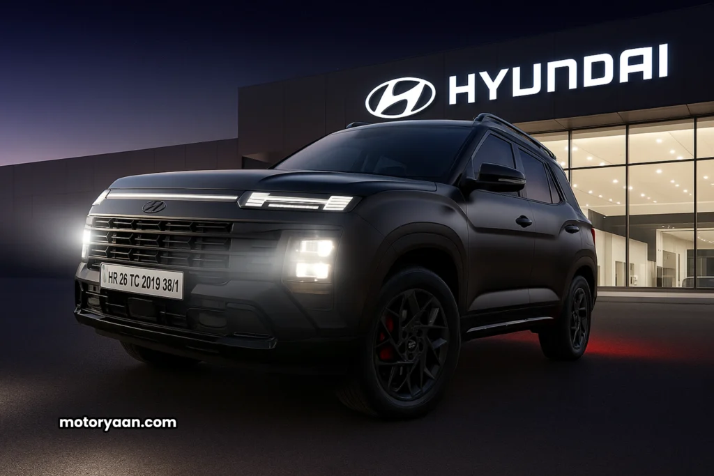 hyundai alcazar knight edition front and side profile black suv with bold design and premium styling