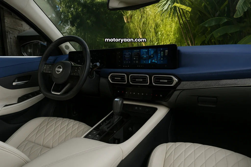 2026 Nissan Sentra First Look front interior dashboard, steering wheel, and infotainment system