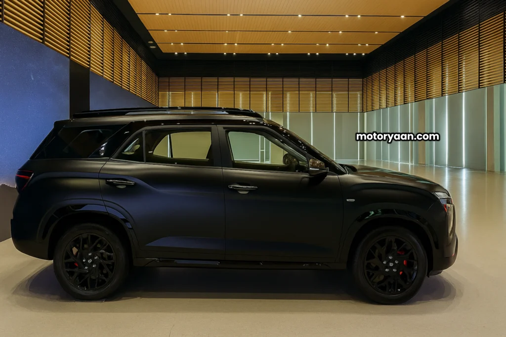 Hyundai Alcazar Knight Edition 2025 side profile view with black alloy wheels
