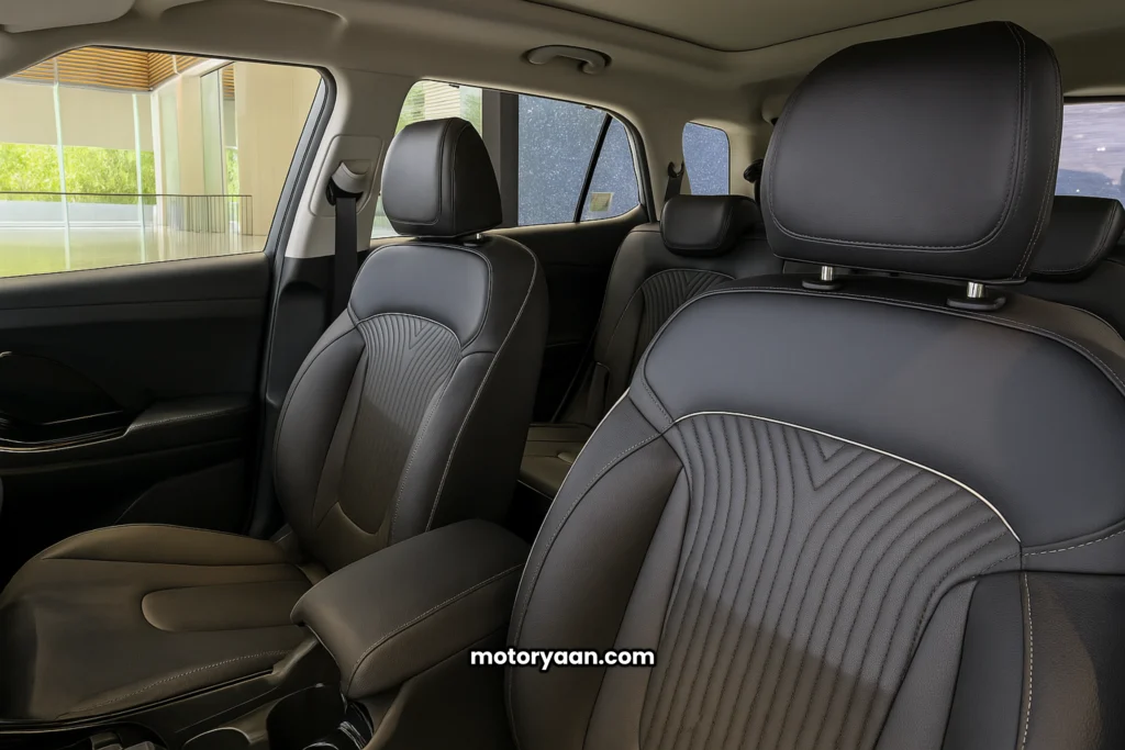 Hyundai Alcazar Knight Edition 2025 front row and second row interior seats black leather brass stitching