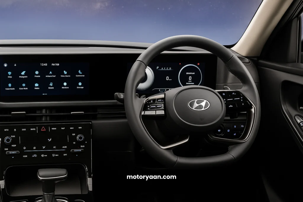 Hyundai Alcazar Knight Edition 2025 front interior dashboard steering wheel infotainment AC controls