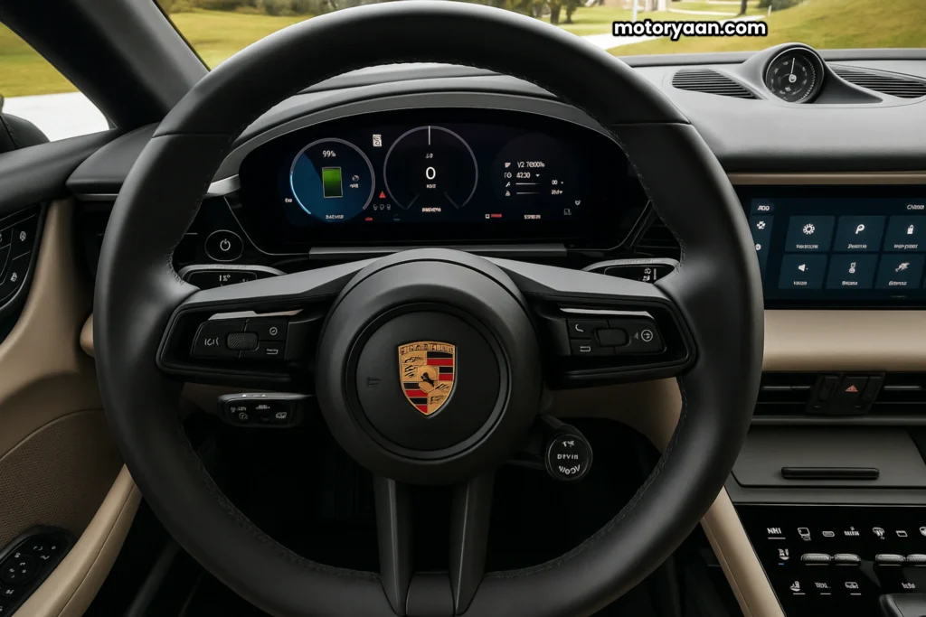 2025 Porsche Macan EV interior with steering wheel, instrument cluster, and controls