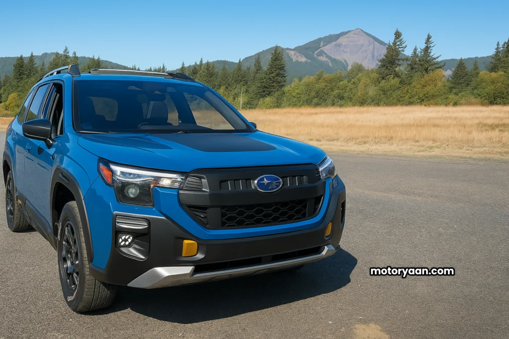 2026 Subaru Forester Wilderness front profile with LED headlights and skid plate