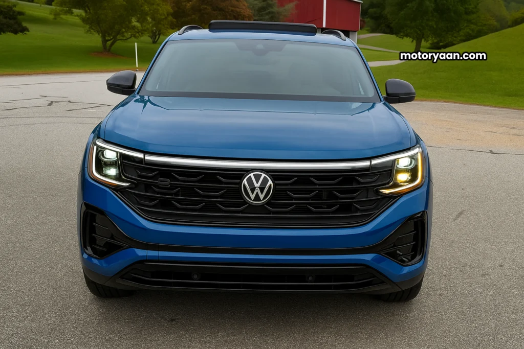Close-up view of the 2025 Volkswagen Atlas Cross Sport front profile with LED headlights