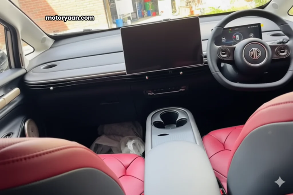MG Windsor EV Inspire Edition front interior dashboard steering wheel instrument cluster infotainment
