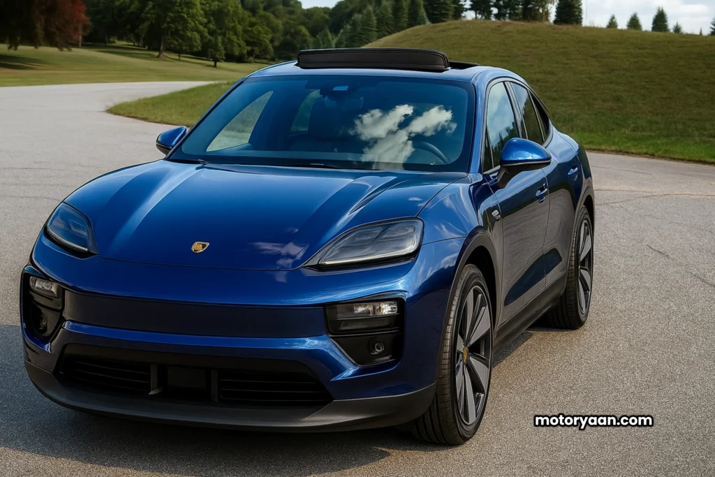2025 Porsche Macan EV front profile with LED headlights and signature Porsche grille