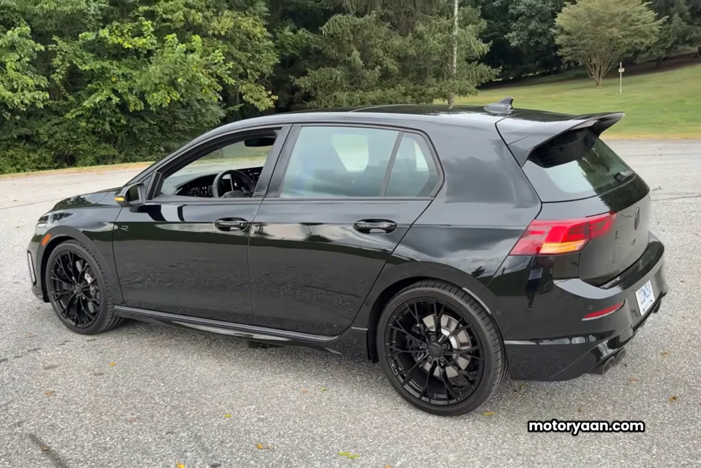 2025 Volkswagen Golf R Black Edition side profile with black alloy wheels and sporty lines