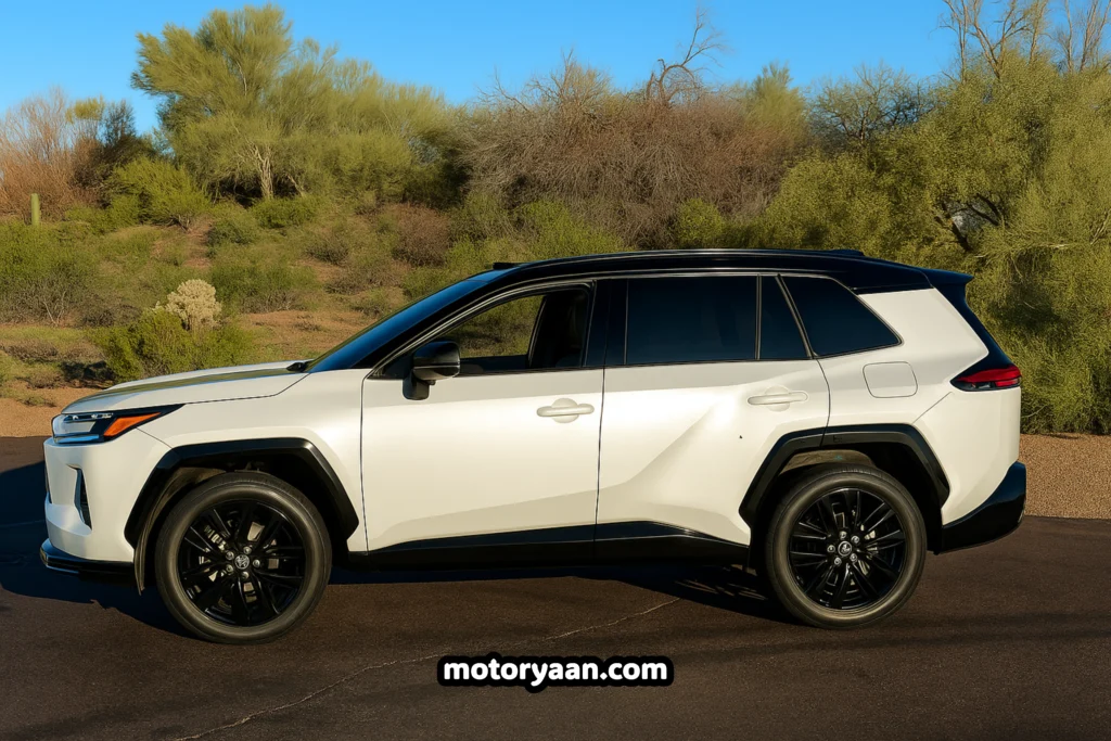 Side profile of the 2026 Toyota RAV4 XSE Hybrid showing its sporty stance