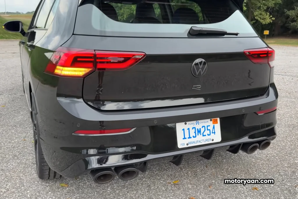 2025 Volkswagen Golf R Black Edition rear profile showing LED tail lights and quad exhaust setup